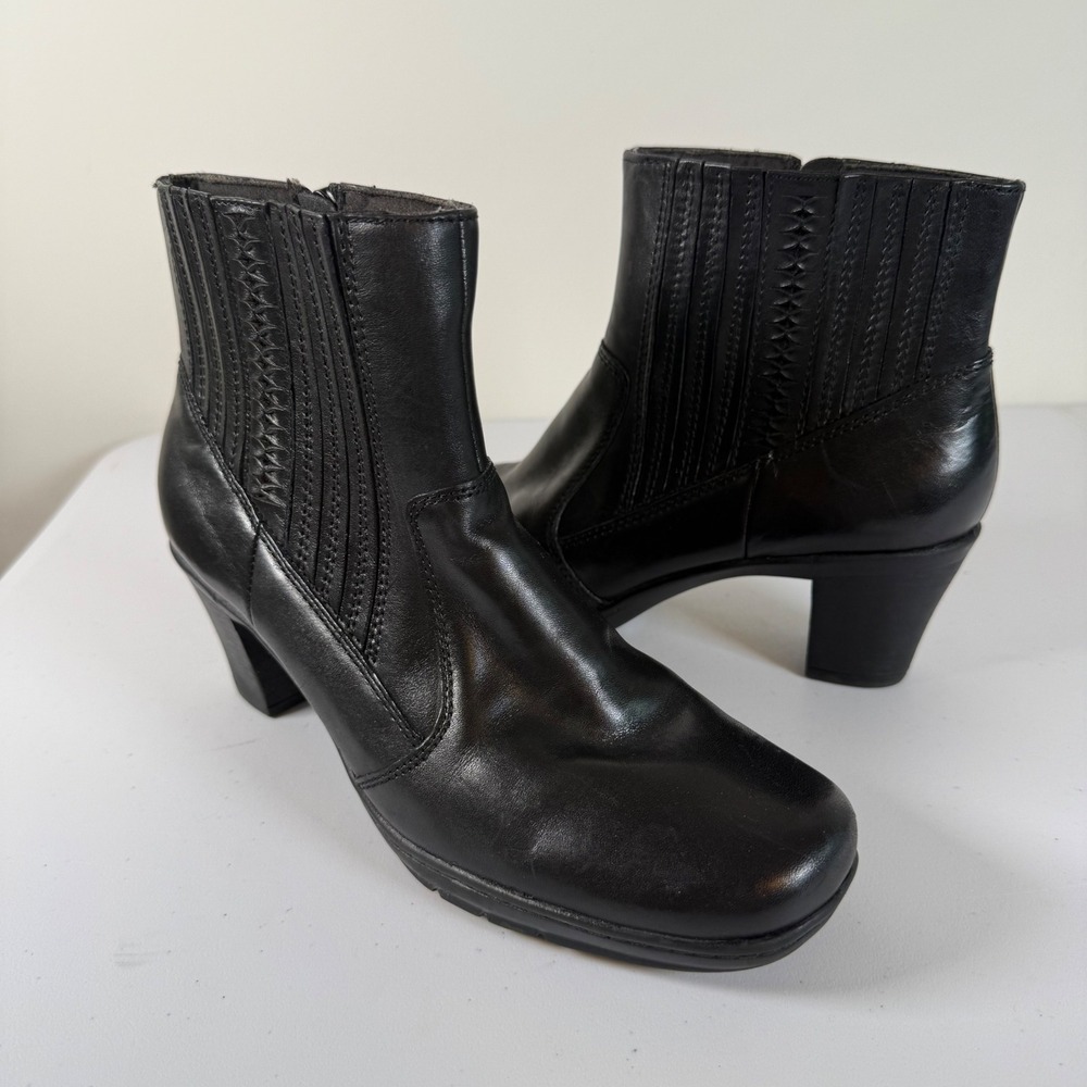 Clarks Bendables Ankle Boots Booties Size 9 Black Leather Block Heel Zip Up